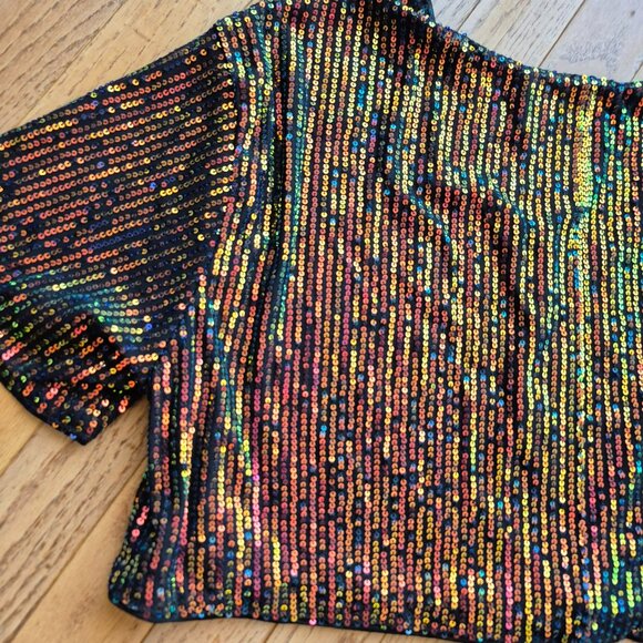 ICON Drop Shoulder Sequin Mesh Crop Blouse L Holiday Outfit - Picture 9 of 16